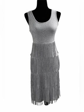 Kate and Mallory Knit Scoop Neck Fringed Dress Grey Boho Festival